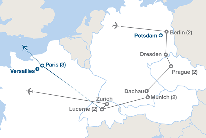 Image displaying map describing the itinerary of the Berlin, Prague & the Alps tour