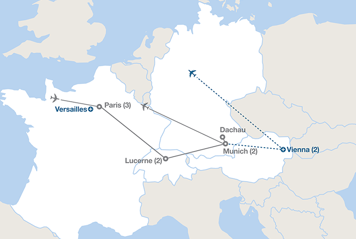 Image displaying map describing the itinerary of the France, Germany and the Alps tour