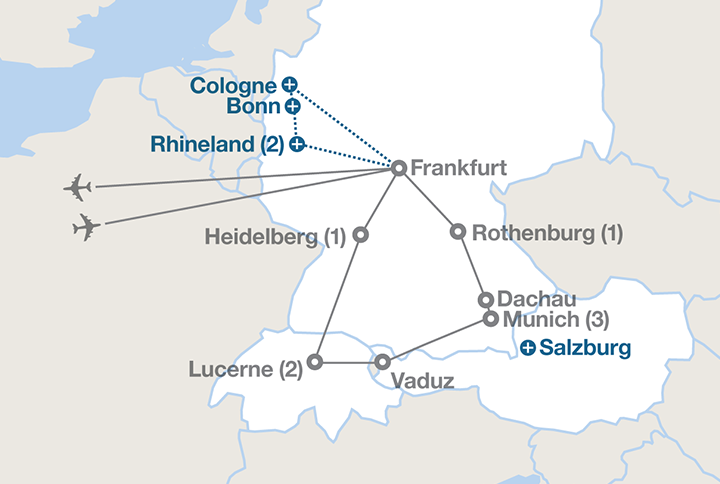 Image displaying map describing the itinerary of the Germany & the Alps  tour