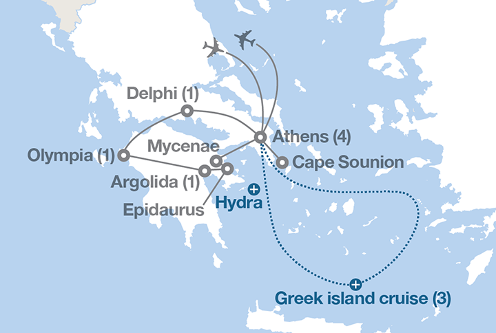 Image displaying map describing the itinerary of the Grecian Odyssey tour