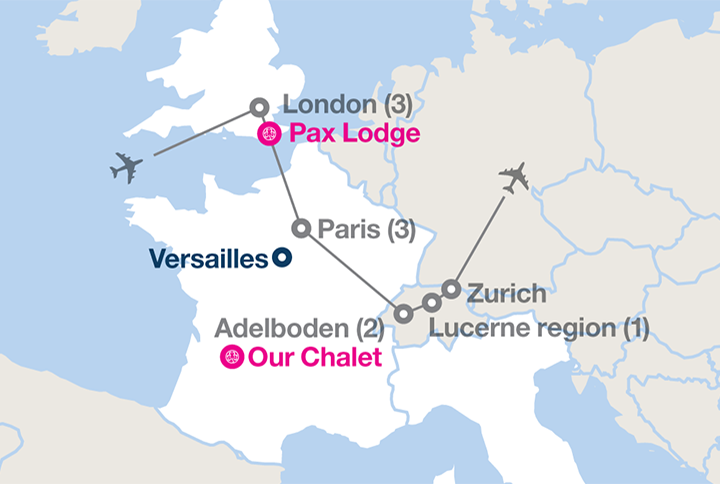Image displaying map describing the itinerary of the "Girl Scouts: London, Paris, Adelboden & Lucerne" tour