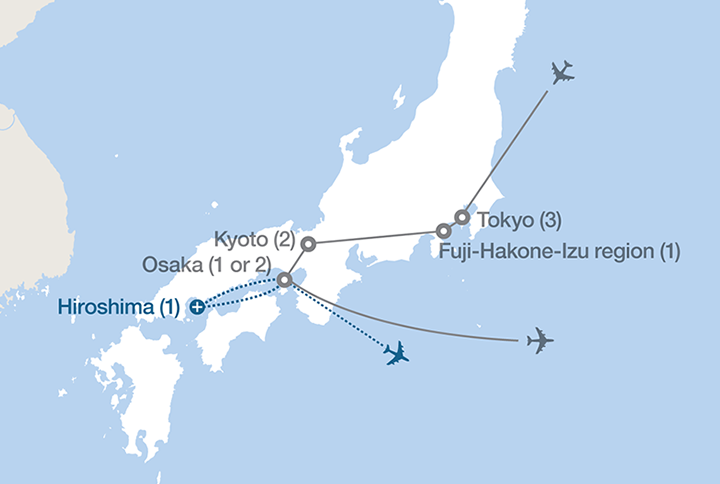 Image displaying map describing the itinerary of the Japan: Land of the Rising Sun tour