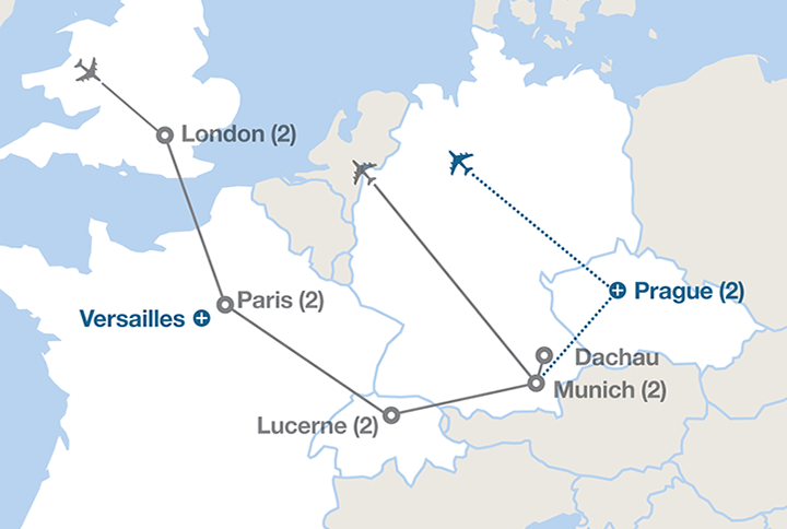 Image displaying map describing the itinerary of the London, Paris & the Alps tour