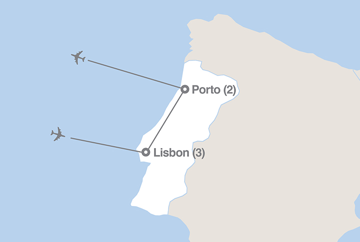Image displaying map describing the itinerary of the Lisbon & Porto tour
