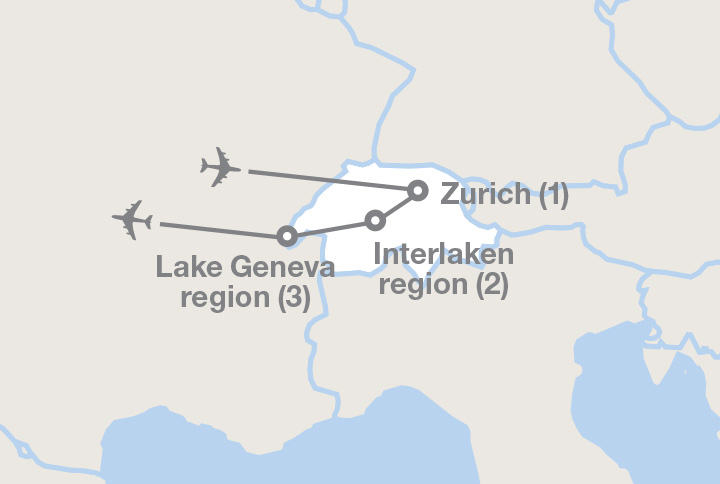 Image displaying map describing the itinerary of the Switzerland: Experience the Alps tour