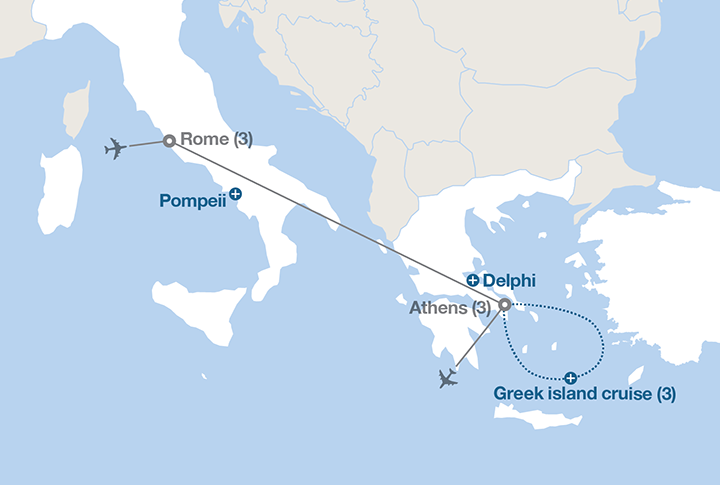 Image displaying map describing the itinerary of the Rome and Athens tour