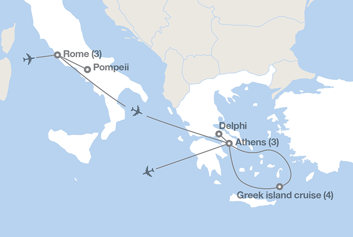 Image displaying map describing the itinerary of the Rome, Athens & the Greek Isles tour