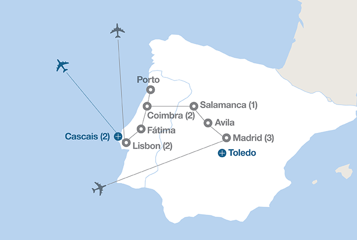 Image displaying map describing the itinerary of the Culture in Spain and Portugal tour