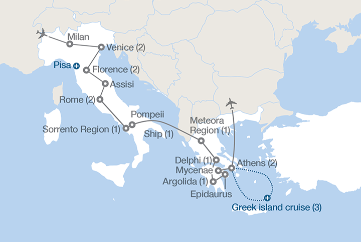 Image displaying map describing the itinerary of the Splendors of the Mediterranean tour