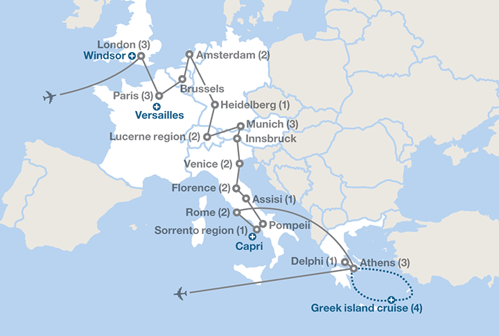 Image displaying map describing the itinerary of the The Grand Tour tour