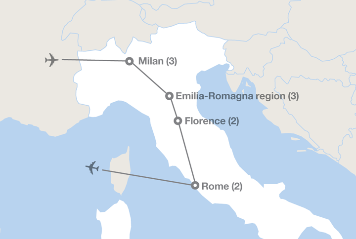 Image displaying map describing the itinerary of the Cuisine & Culture in Northern Italy tour