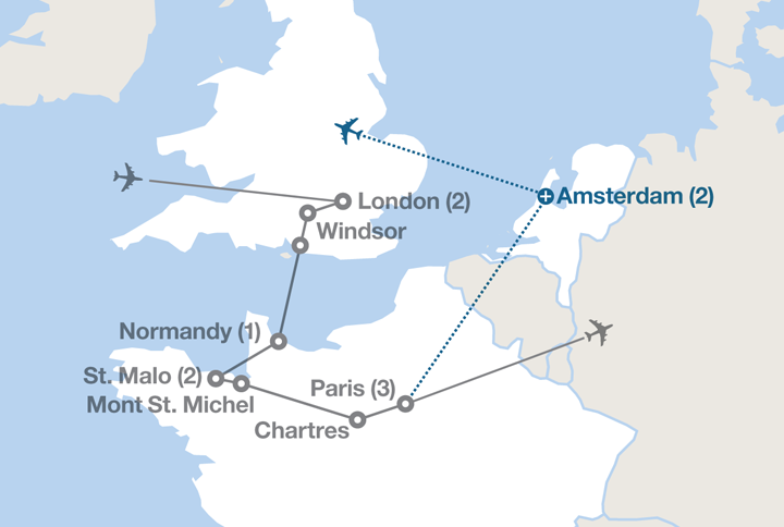 Image displaying map describing the itinerary of the England and France tour