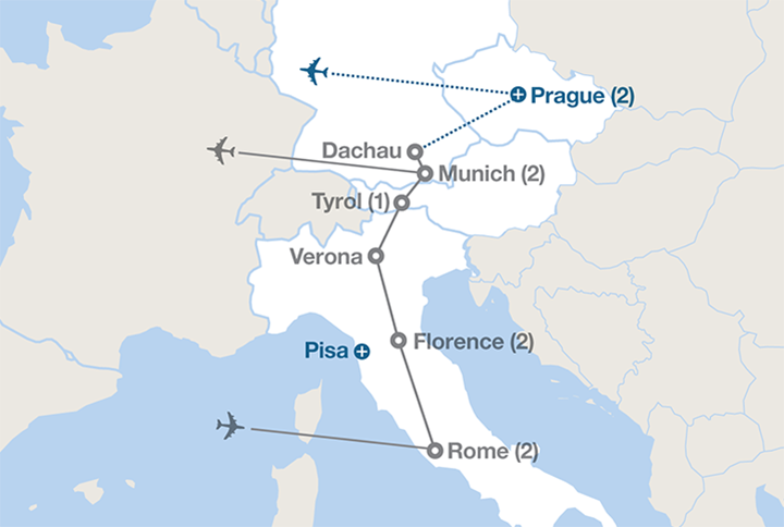 Image displaying map describing the itinerary of the Italy and Germany tour