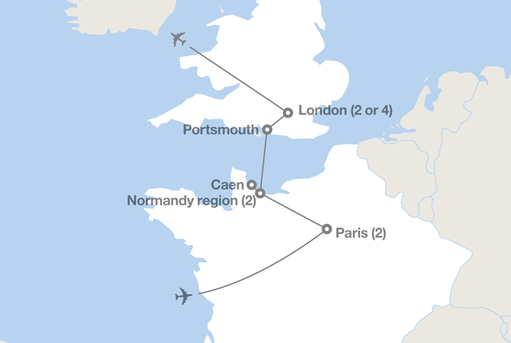 Image displaying map describing the itinerary of the Paris, Normandy and London tour
