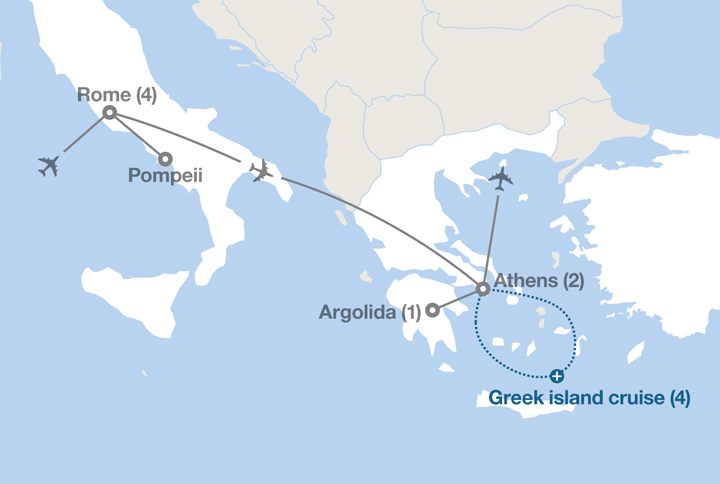 Image displaying map describing the itinerary of the From Rome to Athens  tour