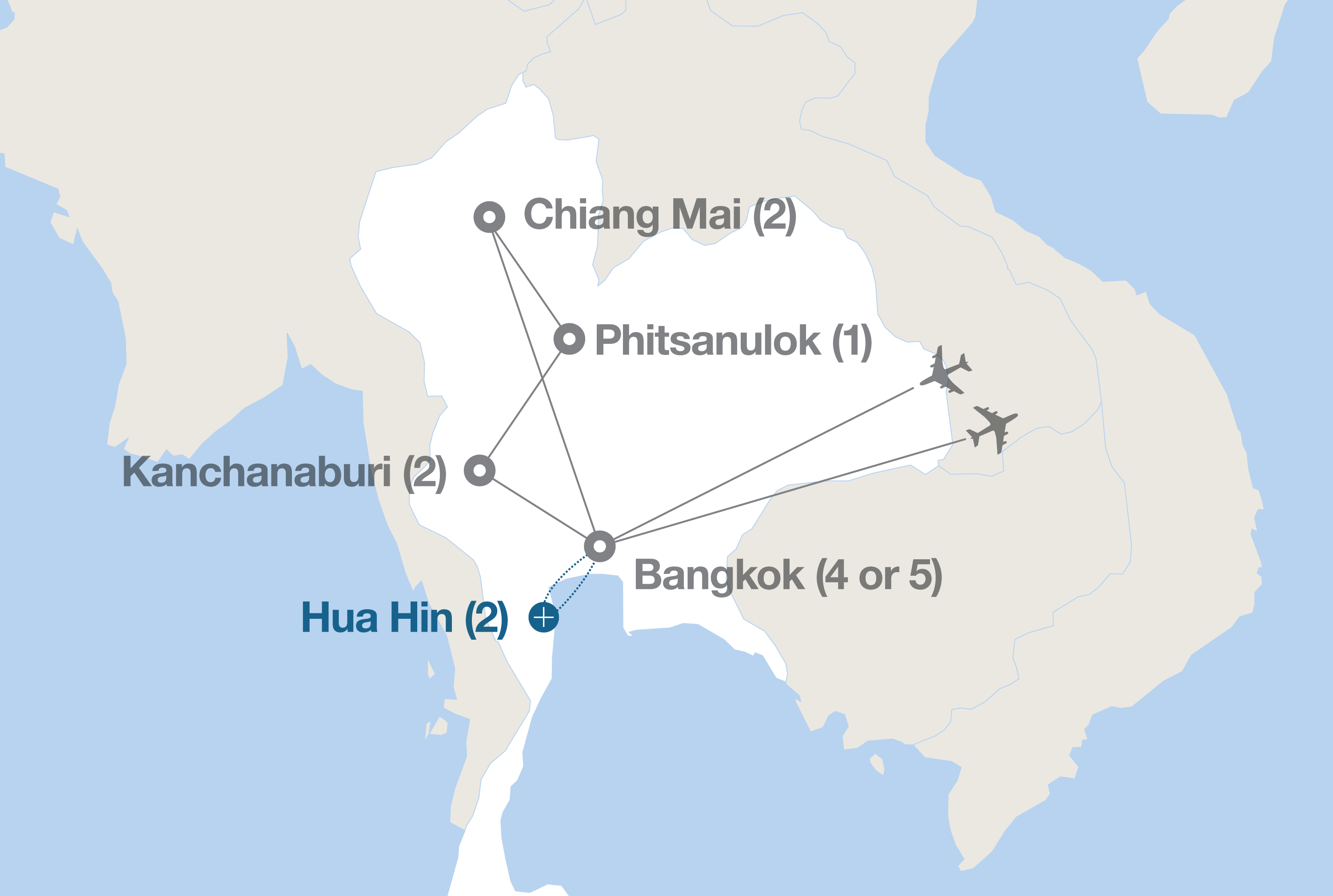 Image displaying map describing the itinerary of the Treasures of Thailand tour
