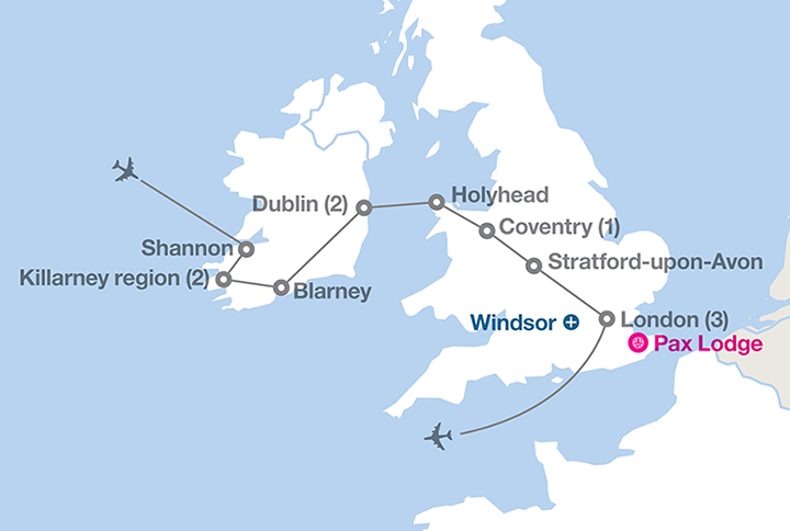 Image displaying map describing the itinerary of the England, Ireland & Wales tour