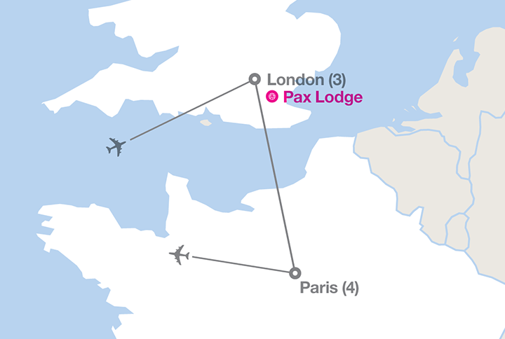 Image displaying map describing the itinerary of the London & Paris tour