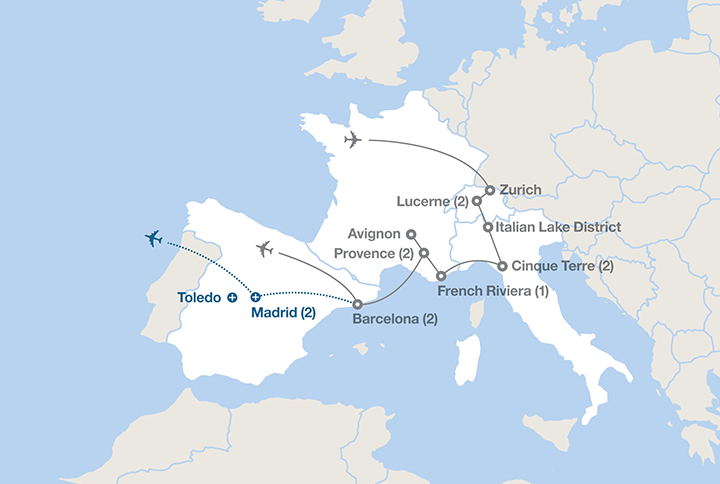 Image displaying map describing the itinerary of the The Alps and the Mediterranean Coast tour