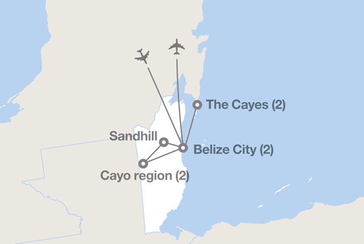 Image displaying map describing the itinerary of the Belize: Wildlife Adventure tour