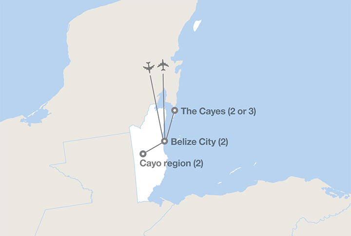 Image displaying map describing the itinerary of the Adventure in Belize tour