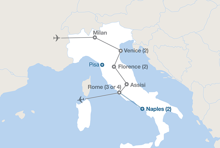 Image displaying map describing the itinerary of the Bell'Italia tour