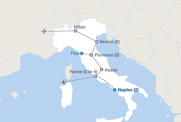 Image displaying map describing the itinerary of the Bell'Italia tour