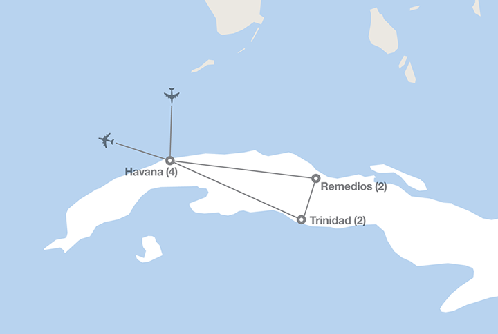 Image displaying map describing the itinerary of the Experience Cuba: Culture & Community tour