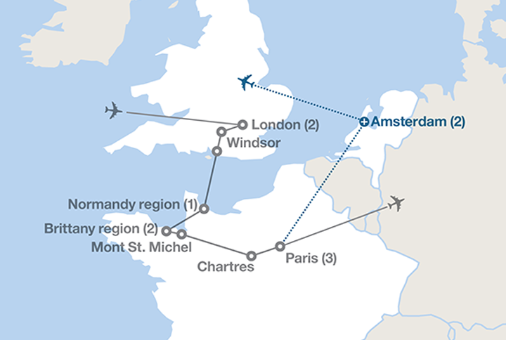 Image displaying map describing the itinerary of the England and France tour