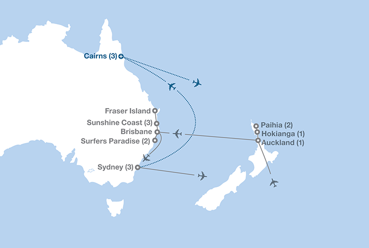 Image displaying map describing the itinerary of the Expedition to Australia & New Zealand tour