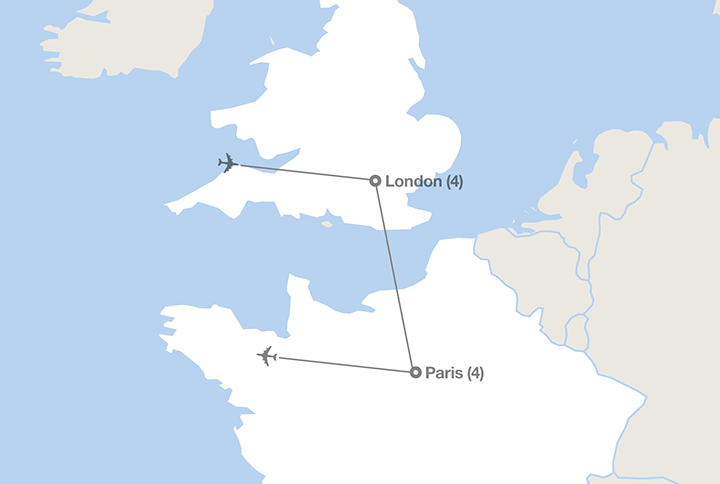 Image displaying map describing the itinerary of the Experience London and Paris tour