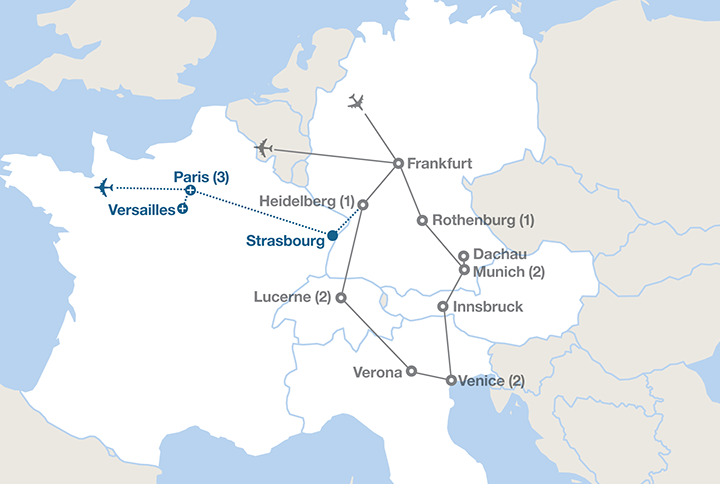 Image displaying map describing the itinerary of the Germany, Italy and Switzerland tour