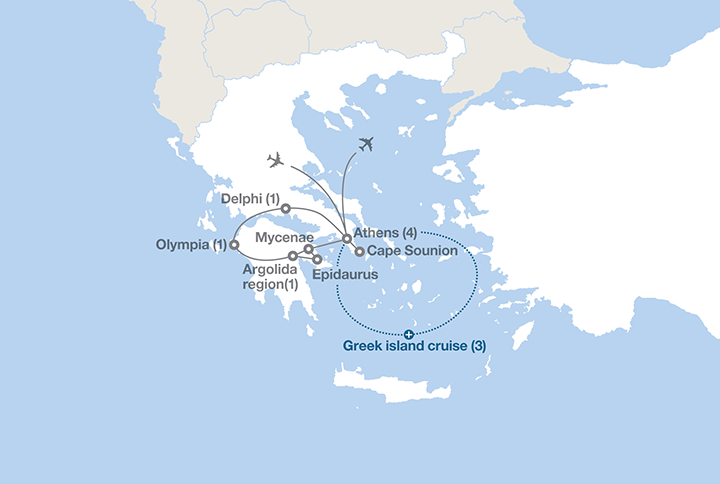 Image displaying map describing the itinerary of the Grecian Odyssey tour