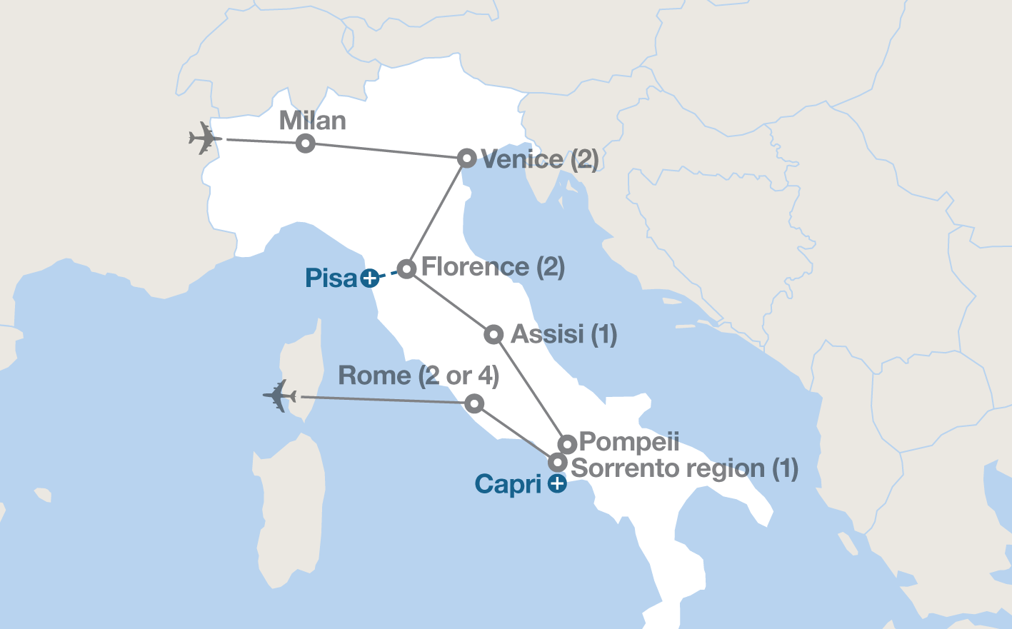 Image displaying map describing the itinerary of the Grand Tour of Italy tour