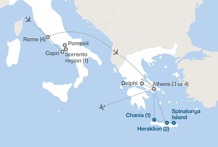 Image displaying map describing the itinerary of the The Ancient Mediterranean tour