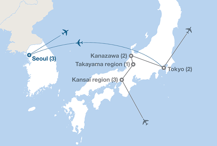 Image displaying map describing the itinerary of the Experience Japan tour