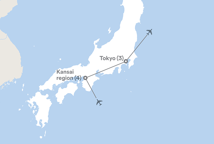 Image displaying map describing the itinerary of the Middle School: Explore Japan tour