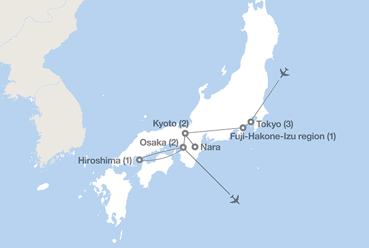Image displaying map describing the itinerary of the Japan: Land of the Rising Sun tour