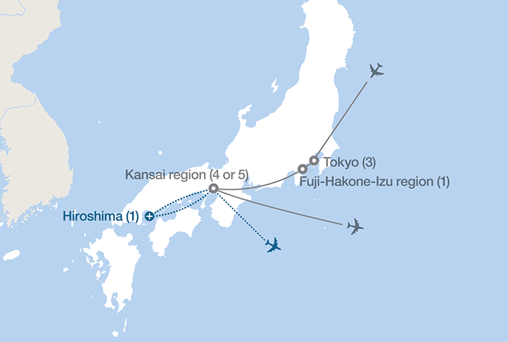 Image displaying map describing the itinerary of the Japan: Land of the Rising Sun tour