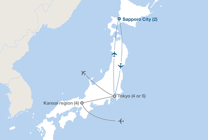Image displaying map describing the itinerary of the Japan: Backtracking the Golden Route tour