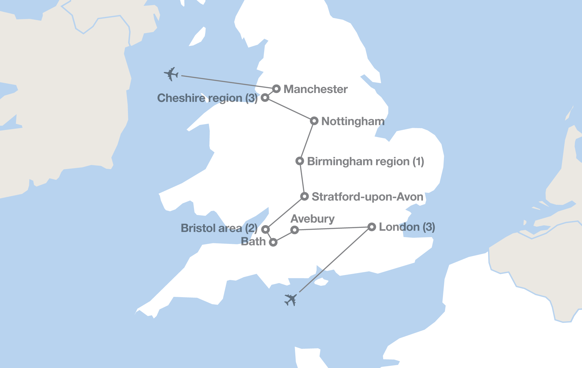 Image displaying map describing the itinerary of the Legendary England tour
