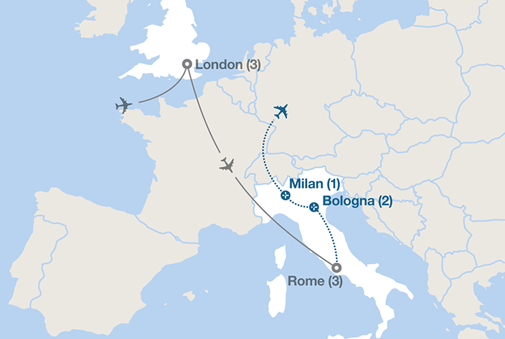 Image displaying map describing the itinerary of the London and Rome tour