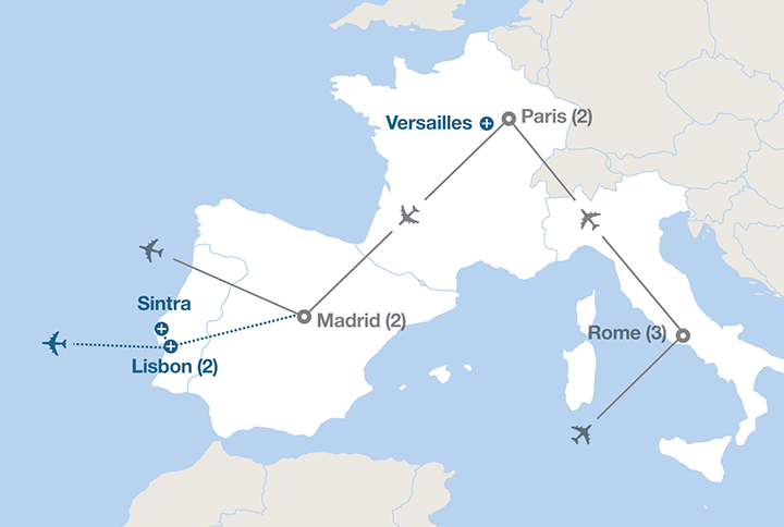 Image displaying map describing the itinerary of the Rome, Paris and Madrid tour