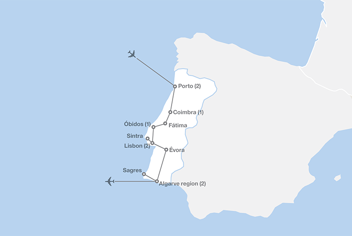 Image displaying map describing the itinerary of the Discover Portugal tour