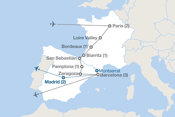 Image displaying map describing the itinerary of the Paris to the Pyrenees tour