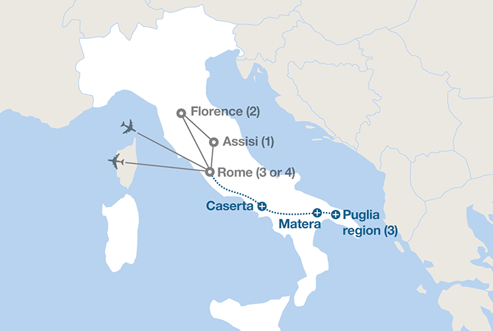 Image displaying map describing the itinerary of the Florence and Rome tour