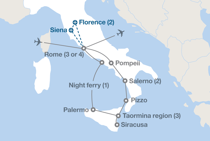 Image displaying map describing the itinerary of the From Rome to Sicily tour