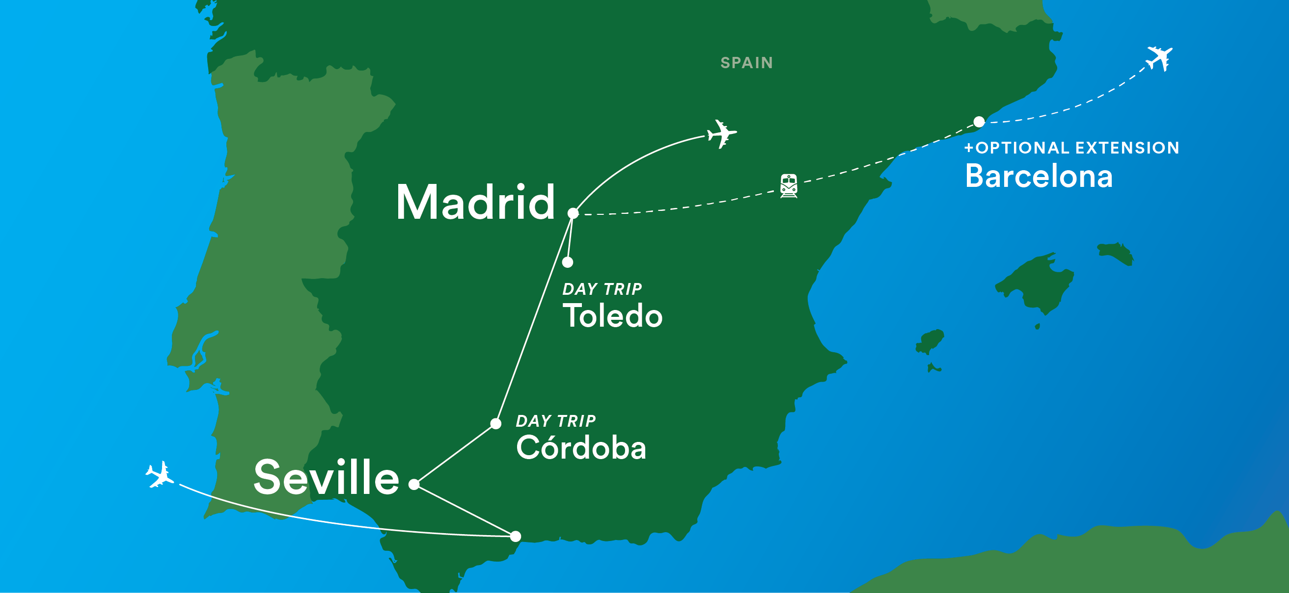 Image displaying map describing the itinerary of the Middle School: Explore Spain tour