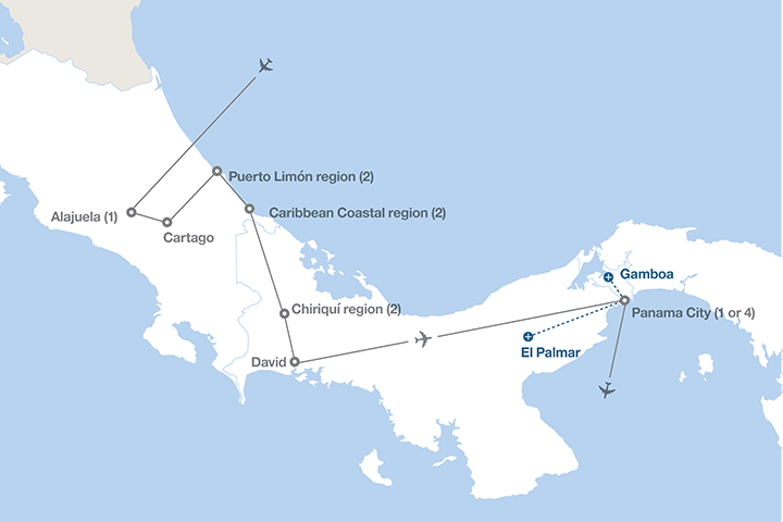 Image displaying map describing the itinerary of the Costa Rica to Panama: The Coastal Caribbean Experience tour