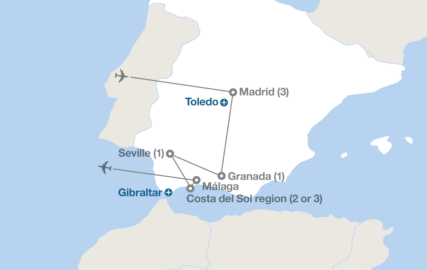 Image displaying map describing the itinerary of the Adventure in Spain tour